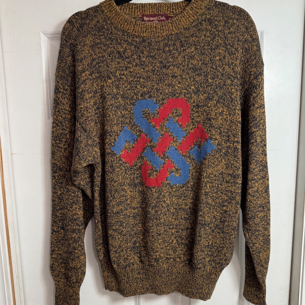 Vintage Racquet Club Mens XL Cotton Knit Sweater Brown Marl Geometric Graphic